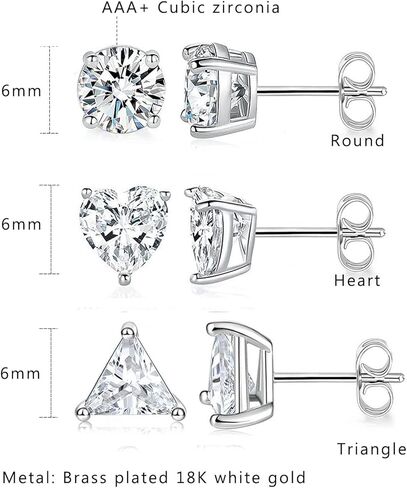 CZ Stud Earrings Set for Women and Men 18K White Gold Plated Created Diamond Earrings Pack of 3 in Kuwait