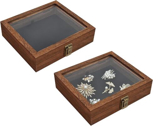 MOOCA Tempered-Glass Top Small Wooden Jewelry Display Case with Removable Black Luxurious Velvet Jewelry Display Pad, Deeper 2.2" Design for Collectibles, Brown Color. in Saudi Arabia