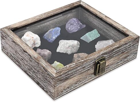 MOOCA Tempered-Glass Top Small Wooden Jewelry Display Case with Removable Black Luxurious Velvet Jewelry Display Pad, Deeper 2.2" Design for Collectibles, Brown Color. in Saudi Arabia