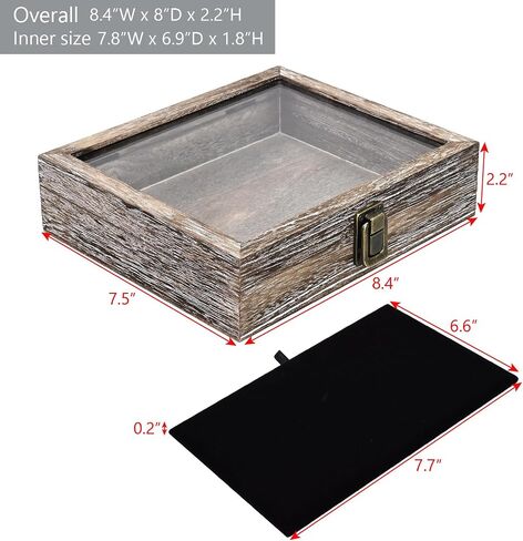 MOOCA Tempered-Glass Top Small Wooden Jewelry Display Case with Removable Black Luxurious Velvet Jewelry Display Pad, Deeper 2.2" Design for Collectibles, Brown Color. in Saudi Arabia
