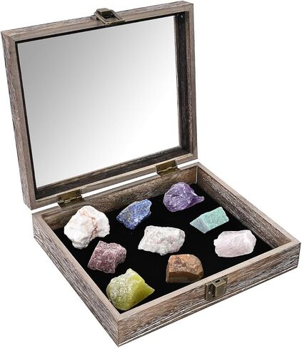 MOOCA Tempered-Glass Top Small Wooden Jewelry Display Case with Removable Black Luxurious Velvet Jewelry Display Pad, Deeper 2.2" Design for Collectibles, Brown Color. in Saudi Arabia