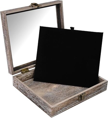 MOOCA Tempered-Glass Top Small Wooden Jewelry Display Case with Removable Black Luxurious Velvet Jewelry Display Pad, Deeper 2.2" Design for Collectibles, Brown Color. in Saudi Arabia