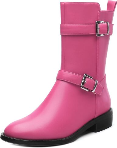 ROSERWISH Mid Calf Boots for Women Riding Ankle Boots Round Toe Low Chunky Heel Short Boots Fashion Fall Winter Combat Booties Buckle Style Dress Boots with Zipper in Kuwait