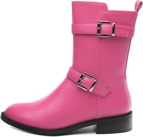 ROSERWISH Mid Calf Boots for Women Riding Ankle Boots Round Toe Low Chunky Heel Short Boots Fashion Fall Winter Combat Booties Buckle Style Dress Boots with Zipper in Kuwait