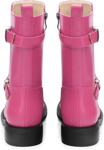 ROSERWISH Mid Calf Boots for Women Riding Ankle Boots Round Toe Low Chunky Heel Short Boots Fashion Fall Winter Combat Booties Buckle Style Dress Boots with Zipper in Kuwait