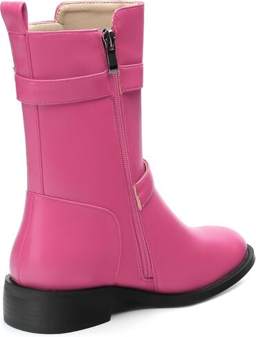 ROSERWISH Mid Calf Boots for Women Riding Ankle Boots Round Toe Low Chunky Heel Short Boots Fashion Fall Winter Combat Booties Buckle Style Dress Boots with Zipper in Kuwait