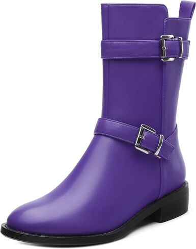 ROSERWISH Mid Calf Boots for Women Riding Ankle Boots Round Toe Low Chunky Heel Short Boots Fashion Fall Winter Combat Booties Buckle Style Dress Boots with Zipper in Kuwait