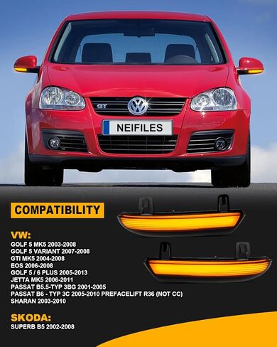 LED Side Mirror Turn Signal Lights Compatible with GTI MK5 2004 2005 2006 2007 2008 VW Golf 5 2003-2008 for Jetta MK5 2006-2011 Amber Dynamic Sequential Lamps Smoked Lens in Saudi Arabia