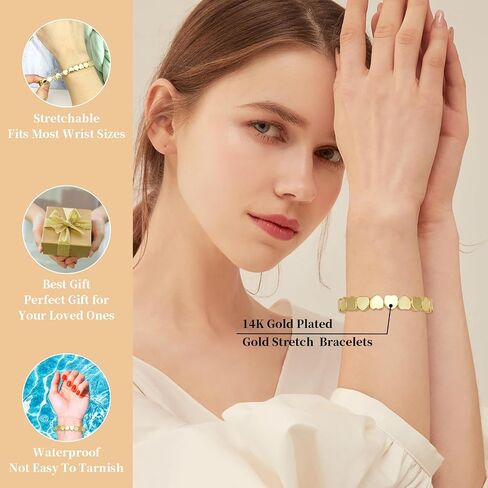 YBMYCM Gold Bracelets for Women 14K Gold Plated Square Bracelet Stretch Heart Elastic Bracelets Bangle Gift Jewelry in Kuwait