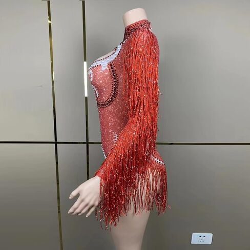 بدلة نسائية مثيرة بأكمام طويلة ولؤلؤ ديامانتي سباركلي وأكمام طويلة، زي فريق أداء نادي دي جي القطب للرقص سحب الملكة in Kuwait