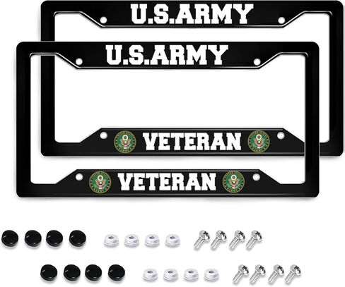 Us Army Veteran License Plate Frames American Flag Army License Plates Automotive Exterior Accessories Holder Aluminum Patriotic Car Tag 2 Pcs Set American Standard License Plate in Saudi Arabia