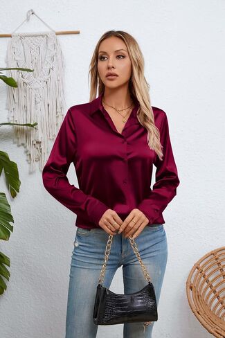 Womens Satin Silk Button Down Shirts Long Sleeve Blouse Casual Work Office Tops in Saudi Arabia