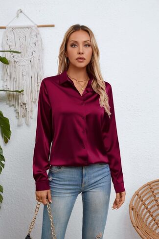 Womens Satin Silk Button Down Shirts Long Sleeve Blouse Casual Work Office Tops in Saudi Arabia