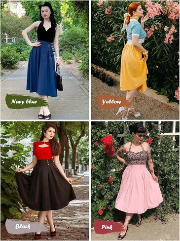Belle Poque Women Vintage Skirt High Waist Pleated Skirt Midi A-Line Skirt with Pockets in Kuwait