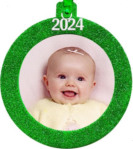 2024 Photo Ornaments for Christmas Tree, Sparkly Glitter Christmas Frame Ornament, Easy-Load Magnetic Design, Includes Satin Ribbon with Silver Charm Plus Photo Protector, Round, Silver in Kuwait