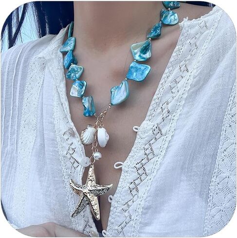 Chunky Pearl Necklace&Bracelet for Women Beach Starfish Shell Boho Statement Jewelry Vacation Freshwater Pearl Choker Summer Coastal Accessories in Saudi Arabia