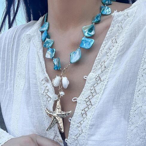 Chunky Pearl Necklace&Bracelet for Women Beach Starfish Shell Boho Statement Jewelry Vacation Freshwater Pearl Choker Summer Coastal Accessories in Saudi Arabia