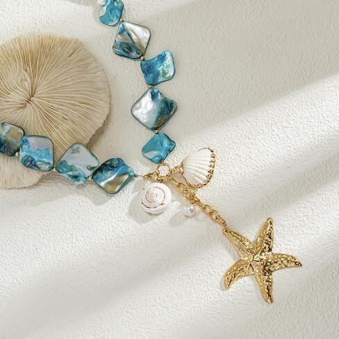 Chunky Pearl Necklace&Bracelet for Women Beach Starfish Shell Boho Statement Jewelry Vacation Freshwater Pearl Choker Summer Coastal Accessories in Saudi Arabia