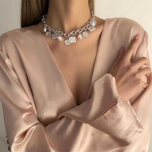 Punk Cuban Link Chain Choker Necklace with Irregular Pearl Coin Statement Necklace Carved Coin Pendant Collar Necklace for Women Chain Link Necklace Gold Baroque Pearl Choker Necklaces Festival Accessories in Saudi Arabia