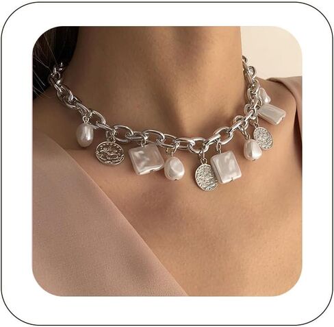 Punk Cuban Link Chain Choker Necklace with Irregular Pearl Coin Statement Necklace Carved Coin Pendant Collar Necklace for Women Chain Link Necklace Gold Baroque Pearl Choker Necklaces Festival Accessories in Saudi Arabia