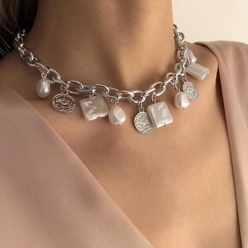 Punk Cuban Link Chain Choker Necklace with Irregular Pearl Coin Statement Necklace Carved Coin Pendant Collar Necklace for Women Chain Link Necklace Gold Baroque Pearl Choker Necklaces Festival Accessories in Saudi Arabia