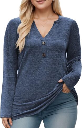 DOLNINE Womens-Plus-Size-Tops Trendy Henley Button Shirts Casual V Neck Long Sleeve Tunic Sweatshirts XL-5XL in Kuwait