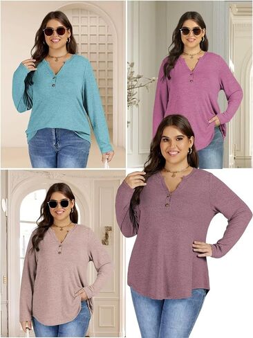 DOLNINE Womens-Plus-Size-Tops Trendy Henley Button Shirts Casual V Neck Long Sleeve Tunic Sweatshirts XL-5XL in Kuwait