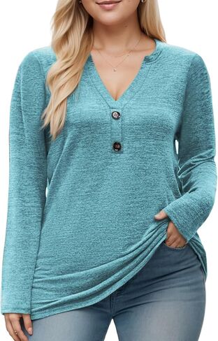 DOLNINE Womens-Plus-Size-Tops Trendy Henley Button Shirts Casual V Neck Long Sleeve Tunic Sweatshirts XL-5XL in Kuwait