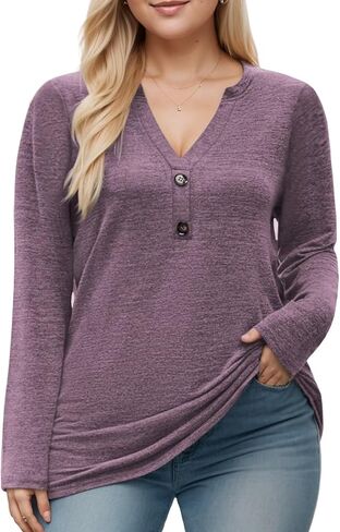 DOLNINE Womens-Plus-Size-Tops Trendy Henley Button Shirts Casual V Neck Long Sleeve Tunic Sweatshirts XL-5XL in Kuwait