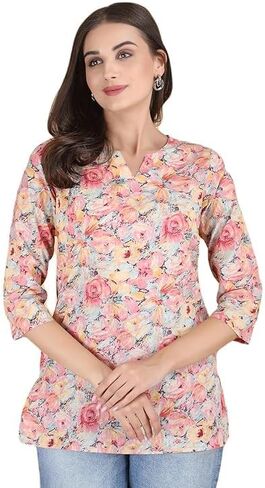 PIDAVLIYA'S Indian Women's Tunics Tops Cotton Floral Printed Short Kurti Kurta Shirt Top for Women in Saudi Arabia