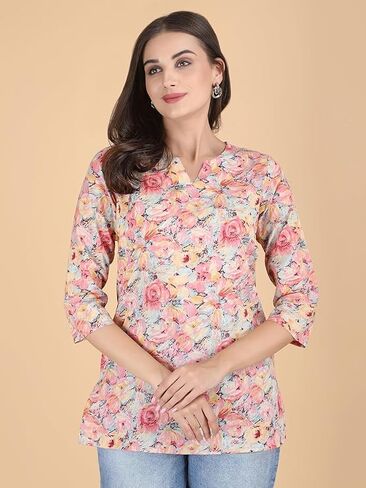 PIDAVLIYA'S Indian Women's Tunics Tops Cotton Floral Printed Short Kurti Kurta Shirt Top for Women in Saudi Arabia