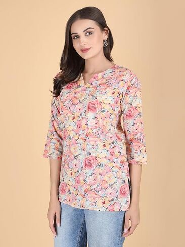 PIDAVLIYA'S Indian Women's Tunics Tops Cotton Floral Printed Short Kurti Kurta Shirt Top for Women in Saudi Arabia