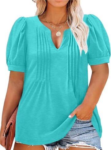 Plus Size Tops for Women V Neck Puff Short Sleeve Pleated T Shirts Fashion Summer Casual Loose Tunic Blouse in Saudi Arabia