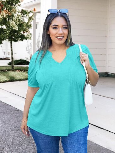 Plus Size Tops for Women V Neck Puff Short Sleeve Pleated T Shirts Fashion Summer Casual Loose Tunic Blouse in Saudi Arabia