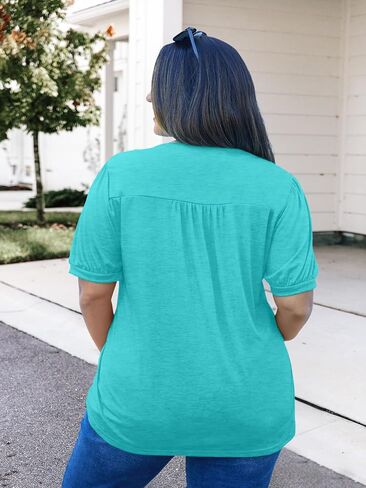 Plus Size Tops for Women V Neck Puff Short Sleeve Pleated T Shirts Fashion Summer Casual Loose Tunic Blouse in Saudi Arabia