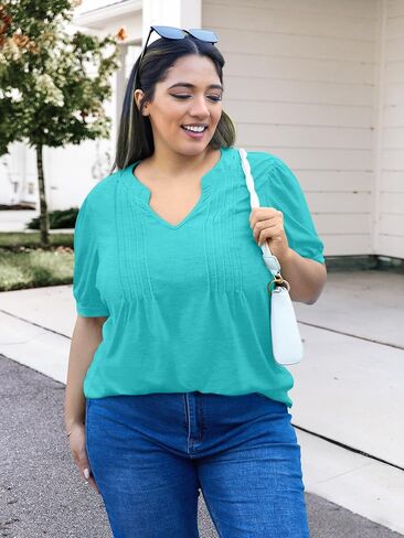 Plus Size Tops for Women V Neck Puff Short Sleeve Pleated T Shirts Fashion Summer Casual Loose Tunic Blouse in Saudi Arabia