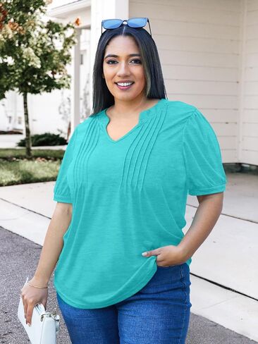 Plus Size Tops for Women V Neck Puff Short Sleeve Pleated T Shirts Fashion Summer Casual Loose Tunic Blouse in Saudi Arabia