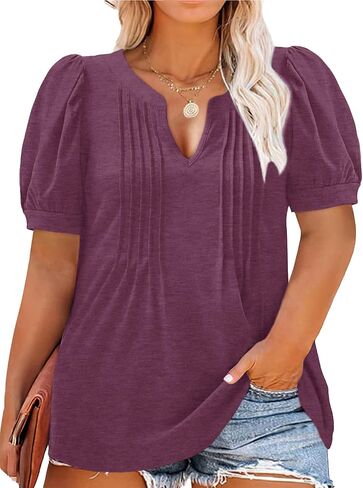 Plus Size Tops for Women V Neck Puff Short Sleeve Pleated T Shirts Fashion Summer Casual Loose Tunic Blouse in Saudi Arabia