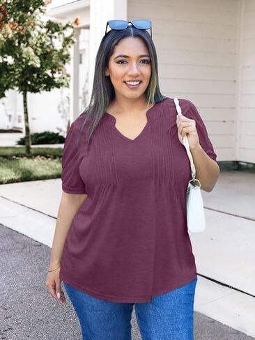 Plus Size Tops for Women V Neck Puff Short Sleeve Pleated T Shirts Fashion Summer Casual Loose Tunic Blouse in Saudi Arabia
