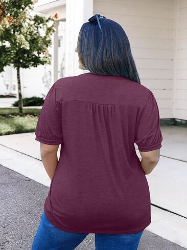 Plus Size Tops for Women V Neck Puff Short Sleeve Pleated T Shirts Fashion Summer Casual Loose Tunic Blouse in Saudi Arabia