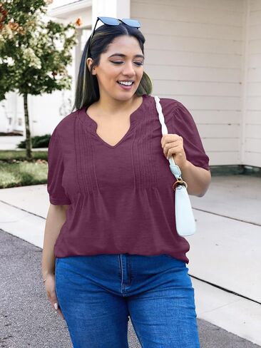 Plus Size Tops for Women V Neck Puff Short Sleeve Pleated T Shirts Fashion Summer Casual Loose Tunic Blouse in Saudi Arabia