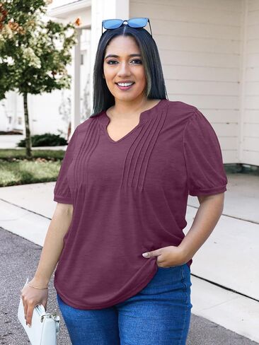 Plus Size Tops for Women V Neck Puff Short Sleeve Pleated T Shirts Fashion Summer Casual Loose Tunic Blouse in Saudi Arabia