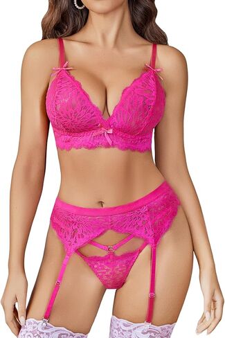 Avidlove Women Garter Lingerie Set 3 Piece Lace Bra and Panty Set with Garter Blet Sexy Bralette Set in Kuwait
