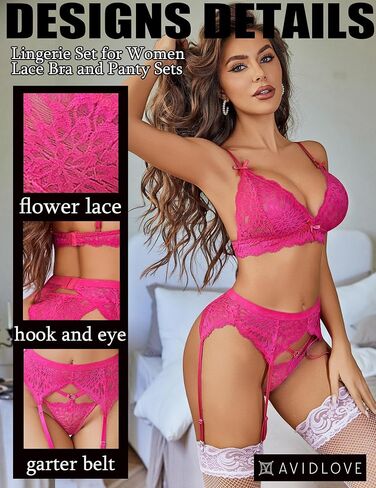 Avidlove Women Garter Lingerie Set 3 Piece Lace Bra and Panty Set with Garter Blet Sexy Bralette Set in Kuwait