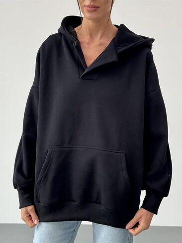 PAODIKUAI Women's Oversized Hoodies V Neck Pullover Fleece Sweatshirt Long Sleeve with Pocket Casual Winter Fall Outfits in Kuwait