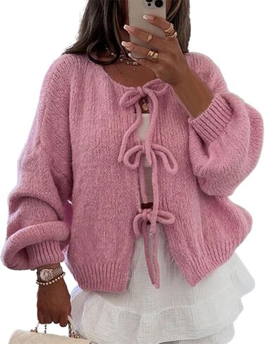 Women Knitted Tie Front Cardigan Tops Casual Knitwear Top Long Sleeve Open Front Baggy Sweater Y2k Girls Outwear in Saudi Arabia