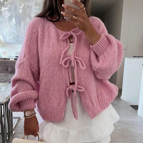 Women Knitted Tie Front Cardigan Tops Casual Knitwear Top Long Sleeve Open Front Baggy Sweater Y2k Girls Outwear in Saudi Arabia