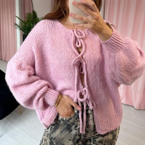 Women Knitted Tie Front Cardigan Tops Casual Knitwear Top Long Sleeve Open Front Baggy Sweater Y2k Girls Outwear in Saudi Arabia