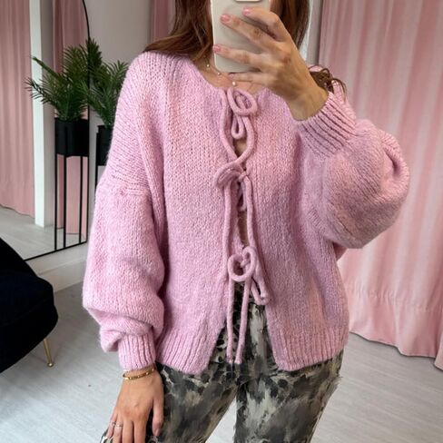 Women Knitted Tie Front Cardigan Tops Casual Knitwear Top Long Sleeve Open Front Baggy Sweater Y2k Girls Outwear in Saudi Arabia