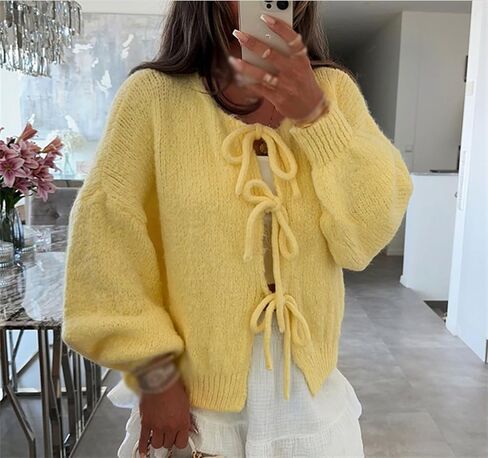 Women Knitted Tie Front Cardigan Tops Casual Knitwear Top Long Sleeve Open Front Baggy Sweater Y2k Girls Outwear in Saudi Arabia